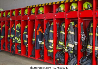 A look into the neatly organized and well-organized clothing and equipment locker of a fire station - Powered by Shutterstock