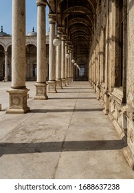 A Look On Eye Level Into A Typical Arabic And Beautiful Decorated Colonnade Inside The Patio Of Muhamad Ali Mosque In Cairo