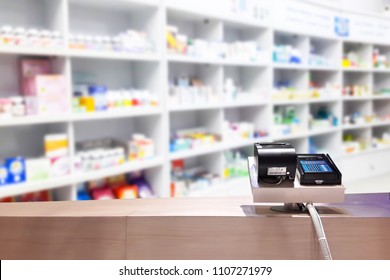 Look Out From The Payment Counter, Blur Image Of Drugstore As Background.