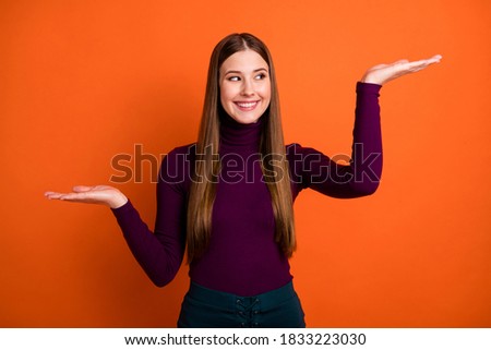 Look sale discounts option. Positive girl promoter hold hand look advert promo indicate great solution wear violet jumper isolated over bright color background