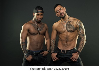 Look At The Tattoo We Got. Muscular Men With Fashionable Tattoo Style. Sexy Men With Muscular Torso. Brutal Macho Style. Strong Men Are Sexy.