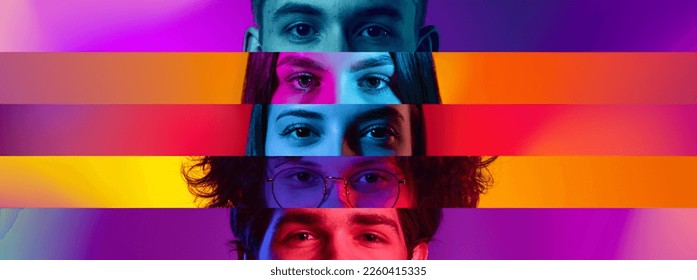 Look, vision. Cropped male and female different eyes placed on colored narrow stripes, lines. Concept of human emotions, facial expressions. Horizontal banner with copy space for ad - Powered by Shutterstock