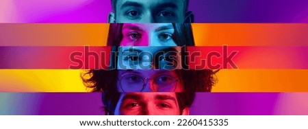 Look, vision. Cropped male and female different eyes placed on colored narrow stripes, lines. Concept of human emotions, facial expressions. Horizontal banner with copy space for ad
