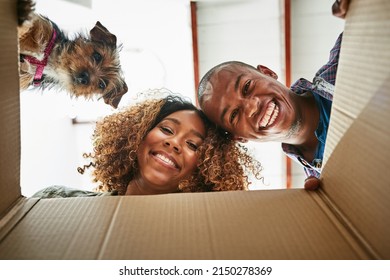 Look What We Found. Low Angle Portrait Of A Cheerful Couple And Their Dog Looking Into A Box Together To See Whats Inside.