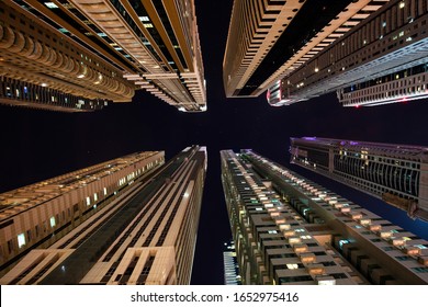 Looking up between skyscraper in Dubai