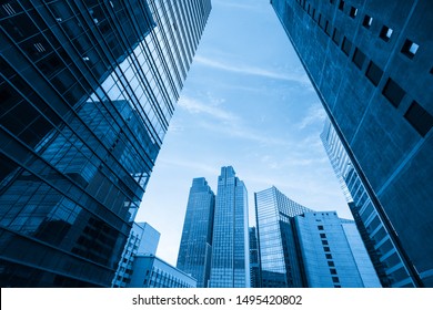 Looking Up Blue Modern Office Building - Shutterstock ID 1495420802