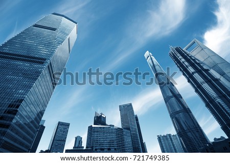 Looking up at business buildings in Lujiazui,Shanghai,China