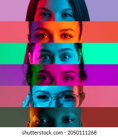 Looking at camera. Close-up. Cropped male and female faces, eyes placed on colored narrow stripes in neon lights. Concept of human emotions, facial expressions. Copy space for ad
