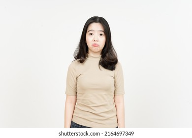 Looking to camera with sad face expression Of Beautiful Asian Woman Isolated On White Background