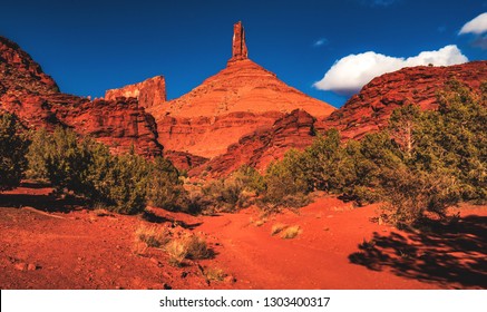 Looking up to Castle Rock, also called Castleton Tower, a large sandstone pillar in the town of Castle Valley, located on the Colorado River northwest of Moab, Utah, United States.