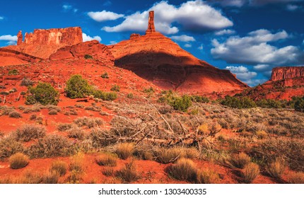 Looking up to Castle Rock, also called Castleton Tower, a large sandstone pillar in the town of Castle Valley, located on the Colorado River northwest of Moab, Utah, United States.
