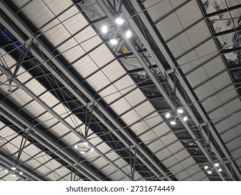 Looking up at a ceiling with skylights in terminal.