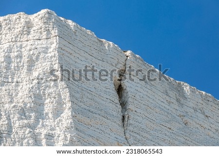 Looking up at a chalk cliff on the Sussex coast, with a crack visible in the rock