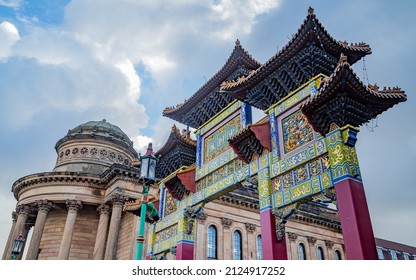 Looking up at the Chinese Paifang and The Black-E Building in Liverpool's Chinatown district in February 2022. - Powered by Shutterstock