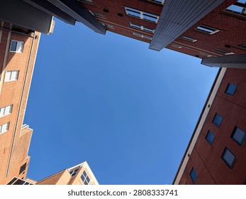 Looking up at a clear blue sky surrounded by generic buildings on almost four sides. Charlotte NC 2026