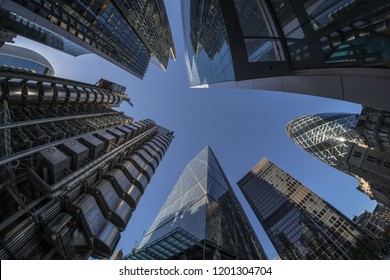 Looking directly up at the skyscrapers in London’s financial district