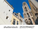 Looking up to the Dom Tower from a spot in the historic center of Utrecht