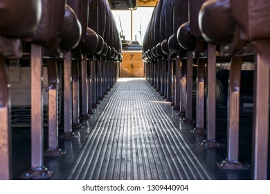 Looking Down The Aisle Of A Retired School Bus.