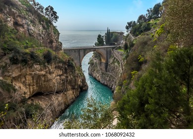 Looking Down At The Arched Bridge And The Fjord At Fiordo Di Furore On The Amalfi Coast, Italy 