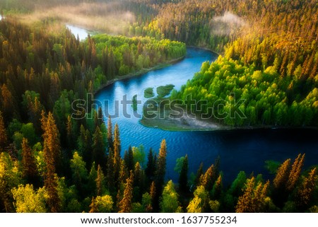 Looking down from the Pähkänäkallio cliff at the Kitkajoki river meandering through the Taiga forests of Oulanka National Park in Kuusamo, Finland on an early summer morning