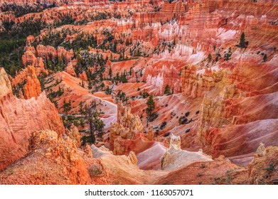 Looking down at distant hoodoos during the twilight hour in Bryce Canyon National Park in southern Utah, USA.