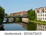 Looking down the Fox River on a beautiful Summer morning.  Aurora, Illinois, USA
