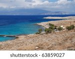 Looking down to Ftenagia beach at Emborio on the Greek island of Halki.