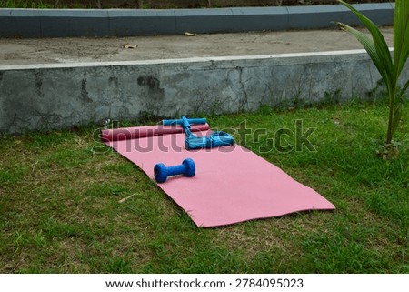 Looking down from a high left angle, a pink fitness mat rests on a green grass field beside a path curb, supporting a blue resistance expander and a three kilogram dumbbell.