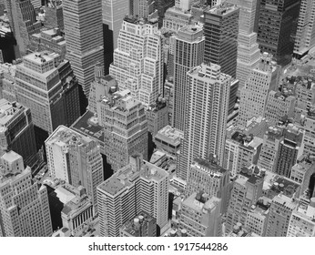 Looking Down From A High Vantage Point At The New York Skyline. Aerial View. Black And White Image