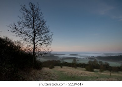 Looking down a hill towards some morning mist in the trees.  Taken just before dawn at Newlands Corner near Guildford in Surrey, UK.