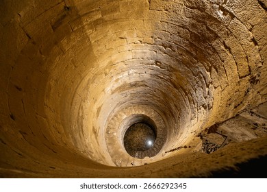 Looking down into the ancient Nilometer at the Temple of Kom Ombo, a structure used to measure the water level of the Nile River.
