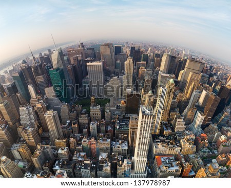 Looking down at New York City, North direction to the Central Park, wide angle
