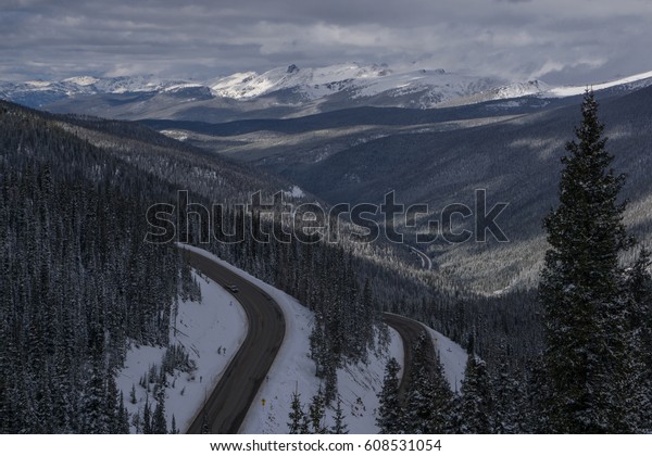 Looking down the north\
side of Berthoud Pass, Colorado.  This road leads down the valley\
to Winter Park.