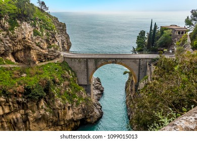 Looking Down On The Arched Bridge At Fiordo Di Furore On The Amalfi Coast, Italy 