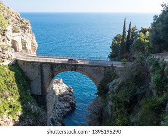 Looking Down On The Arched Bridge At Fiordo Di Furore On The Amalfi Coast, Italy. April, 2019