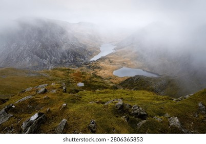 Looking down on Llyn Idwal from Y Garn in Eryi National park on a moody autumn day.
