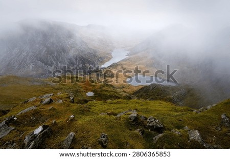 Looking down on Llyn Idwal from Y Garn in Eryi National park on a moody autumn day.