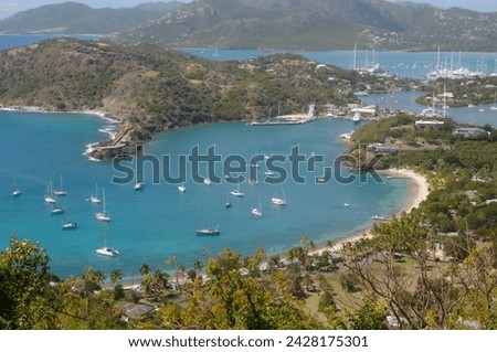 Looking down on nelsons dockyard from shirley heights, antigua, leeward islands, west indies, caribbean, central america