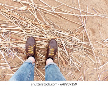 Looking down on a pair of brown leather shoes standing on a sandy ocean beach. Summer vacation concept. selective focus and toned image
