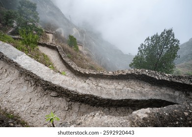 Looking down at the path climbing the cliff of Paul valley, on Santo Antao island, Cape Verde