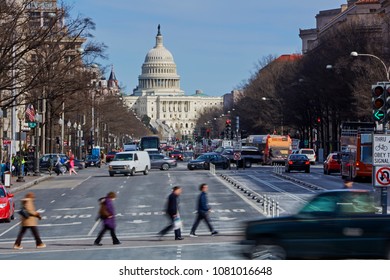 Looking down Pennsylvania Avenue with the US Capitol building with motion blue in Washington dc