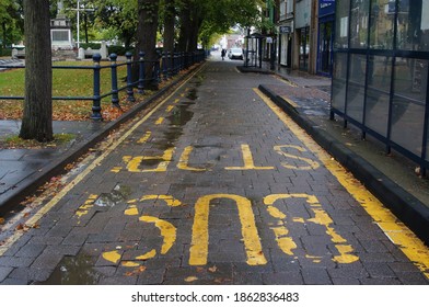 Looking Down The Road With Bus Stop And Cycle Lane Markings Near The War Memorial In BOSTON UK, ‎August ‎2020: