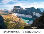 Looking down from the summit of Mount Grinnell at Grinnell Glacier in Glacier National Park, Montana