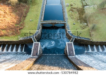 Looking down from top of Claerwen Dam in the Elan Valley of Wales, UK.