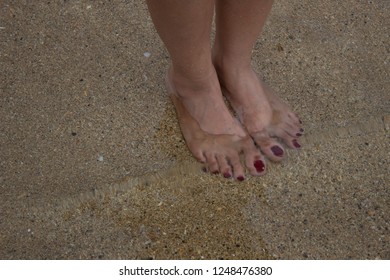 Looking Down At Two Bare Feet Standing Together In Shallow Ocean Water And Sand With Small Shells At The Beach. Point Of View Of Person Looking Down.