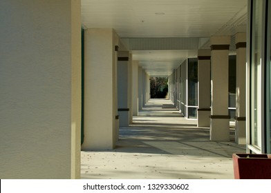 Looking Down Walkway In Front Of Generic Florida Strip Mall With Shop Doors On The Right And Columns On The Left.