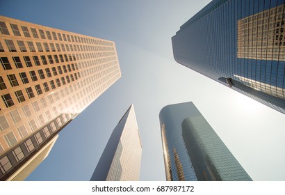 Looking Up Downtown Highrise At Los Angeles