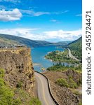 Looking east from Rowena Crest at the historic Columbia highway, the Columbia River  and Interstate Highway 80N, Oregon