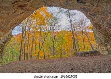 Looking At The Fall Colors From A Cave In Starved Rock State Park In Illinois