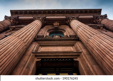 Looking Up At The Front Of A Cathedral In Philadelphia, Pennsylvania.